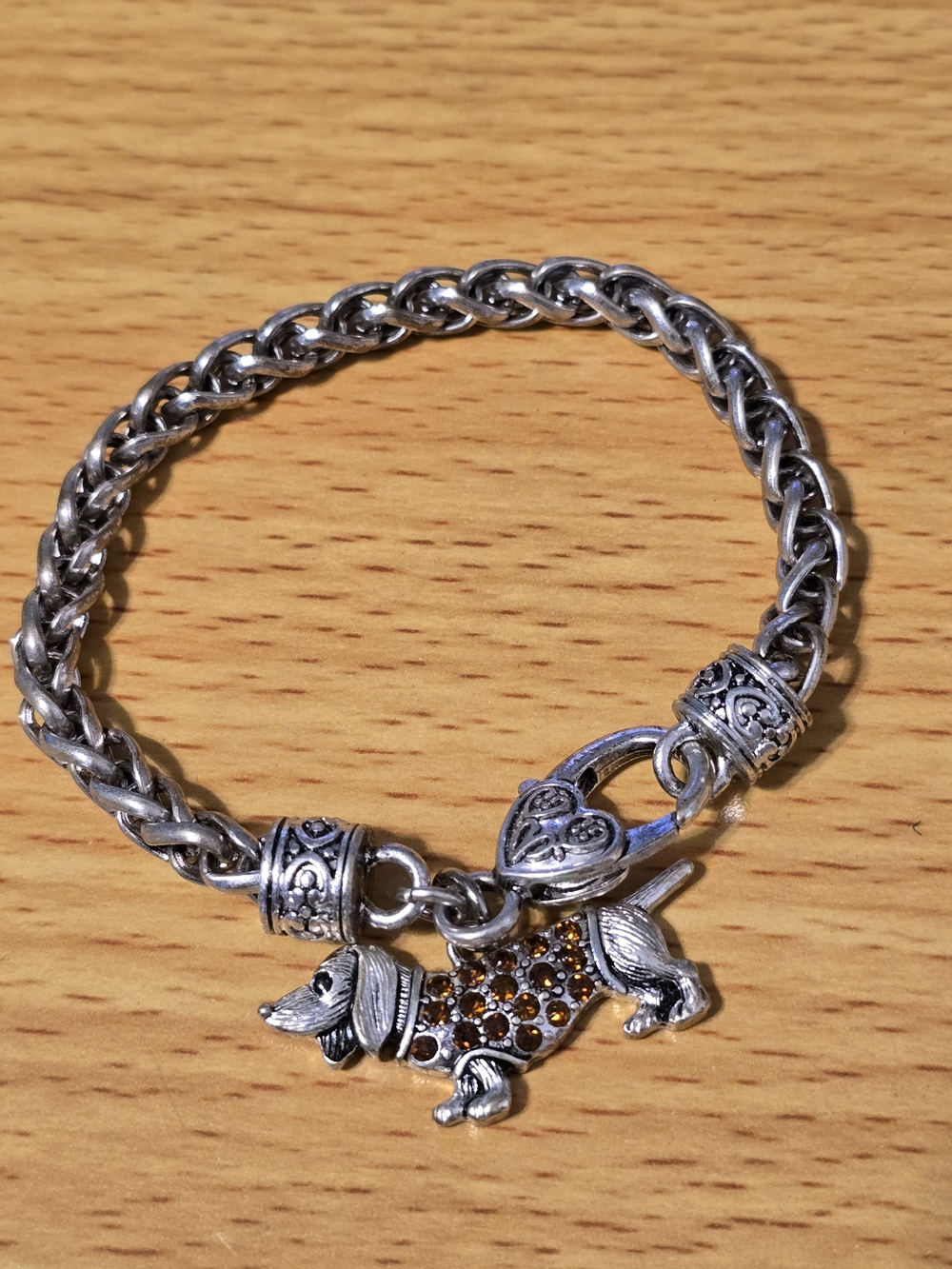 Source Unknown Silver-Tone Dachshund Bracelet with Brown Crystal Accents